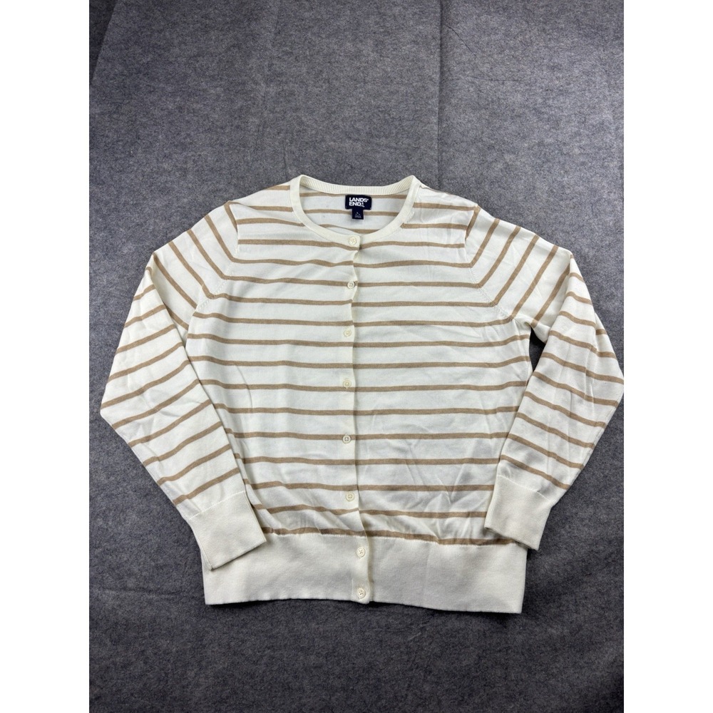LANDS' END Women's L Beige White Cardigan Sweater Striped Minimalist Preppy SEE